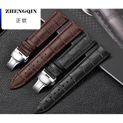 适用高级真皮手表带高质自动双按蝴蝶扣双面头层牛皮防汗防臭透气