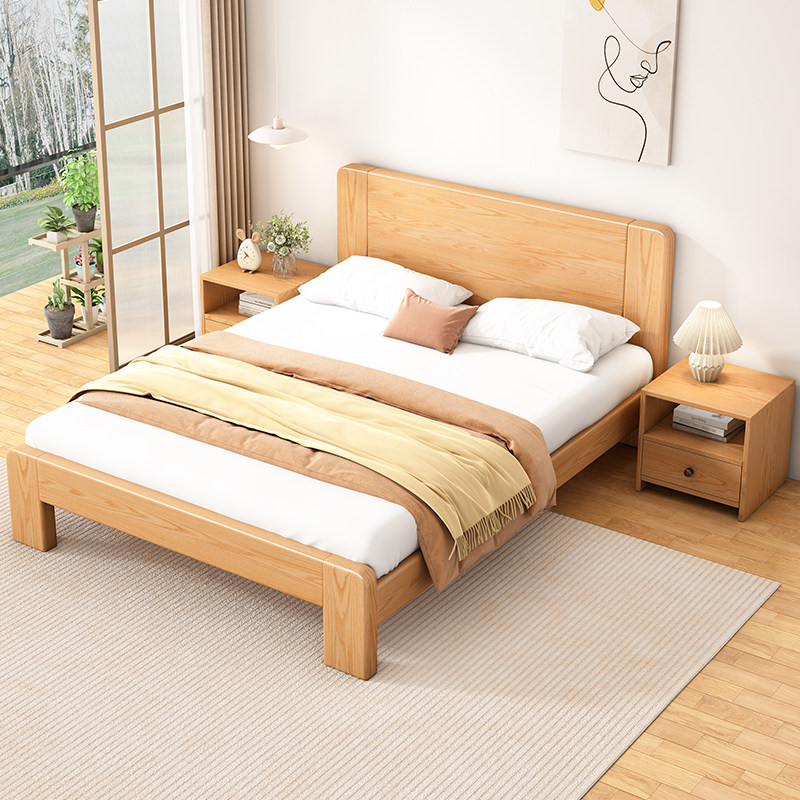 橡木色实木床双人床1米8主卧1米5原木大床1米2出租房用床单人床架