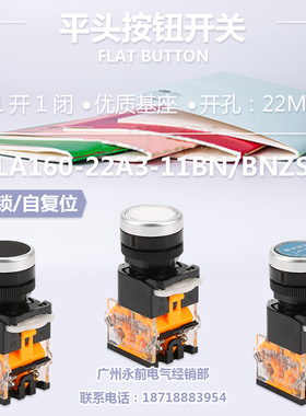南京双科平头按钮LA160一22A3-11BN/BNZS 红绿蓝黑白黄 孔径:22mm