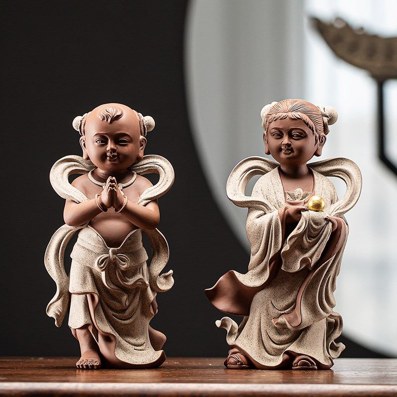 紫砂金童玉女佛像摆件供奉家用招财善财童子龙女观音菩萨佛前侍奉