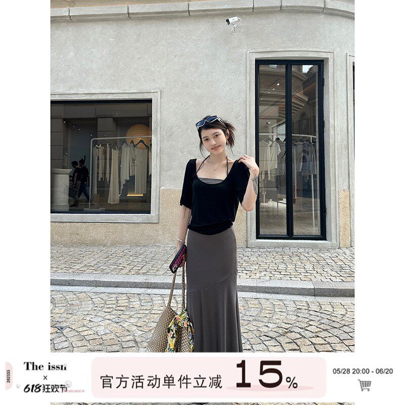 宁司 U领慵懒宽松薄款短袖针织衫女夏季韩系休闲百搭显瘦黑色上衣