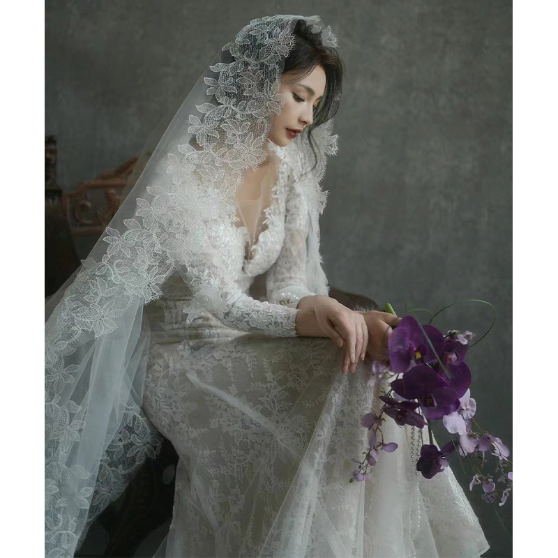 蕾丝复古花边森系头纱婚纱照摄影造型头饰新娘结婚主头纱长款拖尾