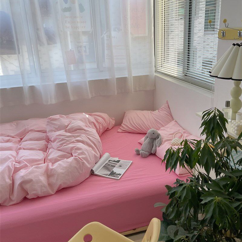 梨梦 云朵有点甜 少女粉水洗棉四件套全棉床U单被套床上用品