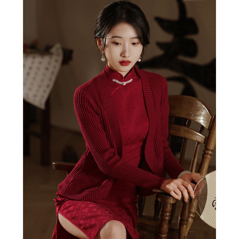 酒红色披肩妈妈旗袍外搭婚纱礼服斗篷新娘针织开衫敬酒服结婚披风