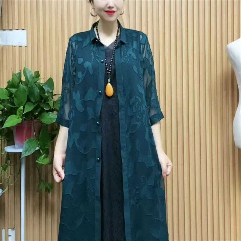 中长风衣女装时尚减龄薄款纯色提花开衫妈妈装春夏防晒披肩外套