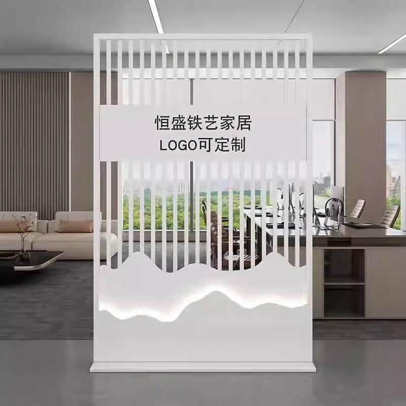 公司logo铁艺屏m风办公室简约客餐厅镂空隔断可移动前台背景形象