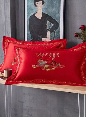 刺绣结婚枕套一对装o单人大红色全棉陪嫁48x74m枕芯内胆套