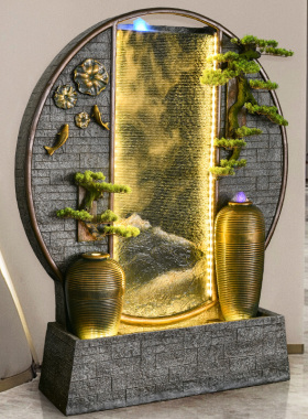 新中式客厅水幕墙花园庭院u流水屏风假山喷泉景观大型招财室内摆