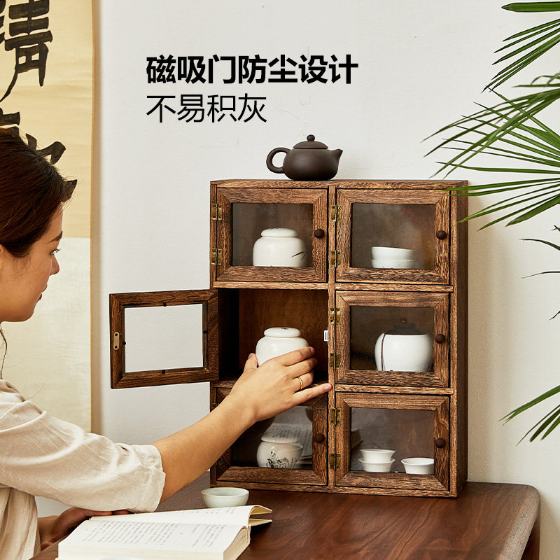 实木茶具收纳柜开门式紫砂壶多宝阁博古架M茶壶茶杯架置物架陈列