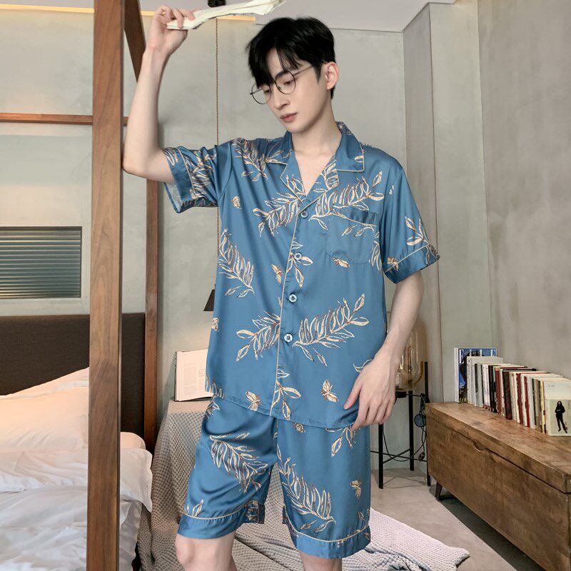 时尚印花男士睡衣夏季冰丝男款夏款家居服春秋款薄款丝绸短袖套装