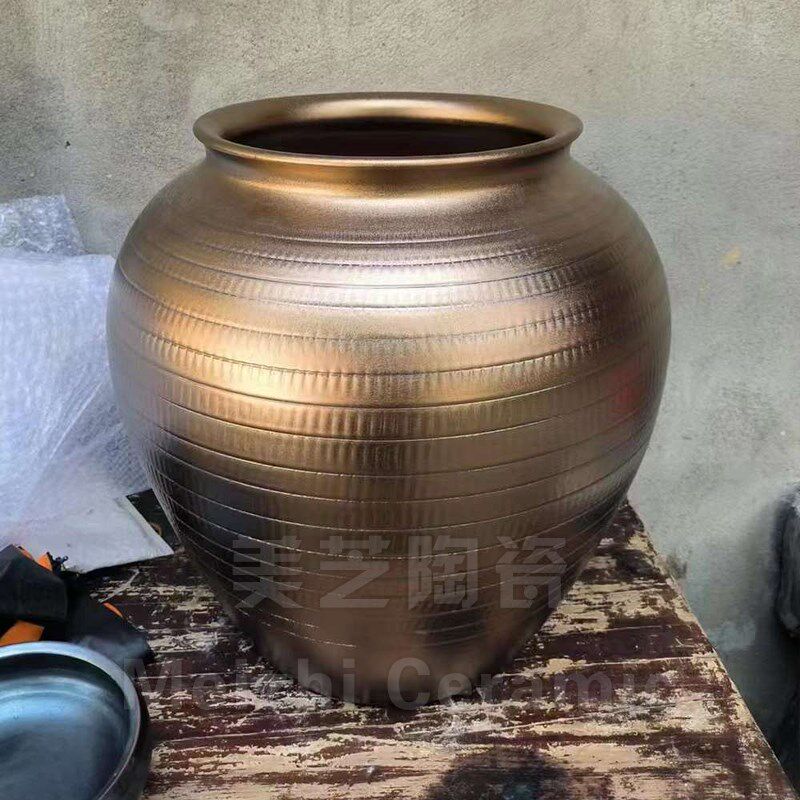 酒店客厅a玄关金色陶瓷花瓶桌面花器插花坛子落地大号陶罐干枝摆
