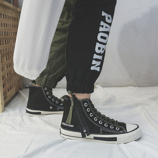 潮流百搭学生中帮休闲板 男韩版 2021秋季 小众设l计拉链高帮帆布鞋