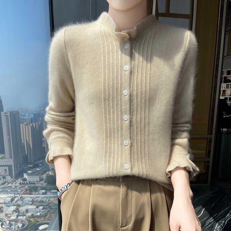 木耳边100%纯山羊绒开衫女半高领提花针织毛衣外套宽松甜美羊毛衫