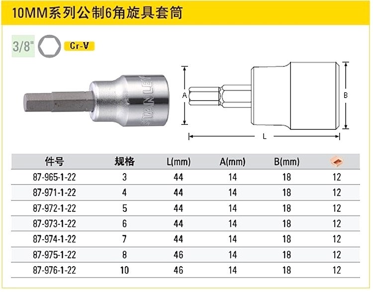 史丹利10MM系列6角旋具套筒87-965/971/972/973/974/975/976-1-22
