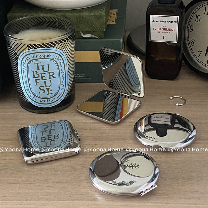 Yoona Home盐系冷淡风不锈钢双面化妆镜随身小镜子防摔手持补妆镜