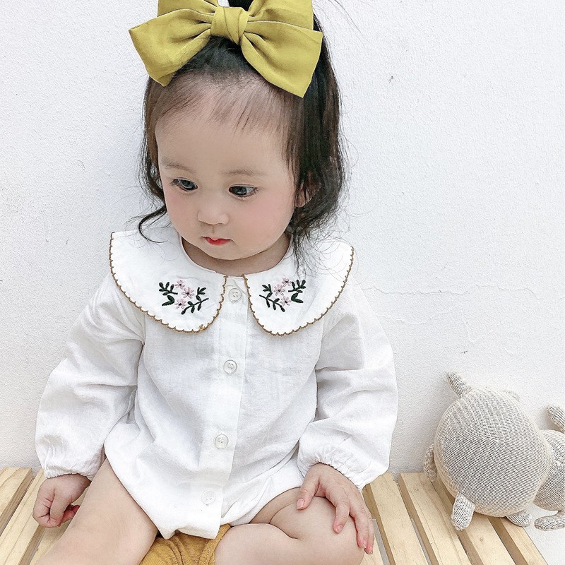 24春季女宝哈衣韩版新款刺绣领婴儿连体衣纯色宝宝爬服婴儿包屁衣