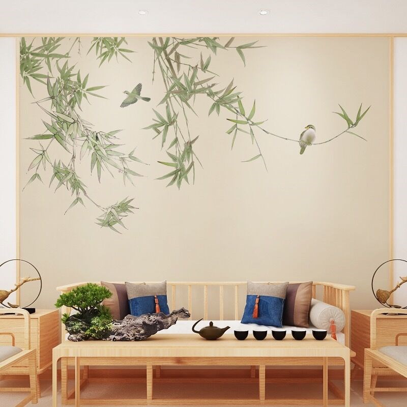 新中式淡雅竹子花鸟客厅电视背景墙壁布卧室书房酒店民宿墙纸壁画