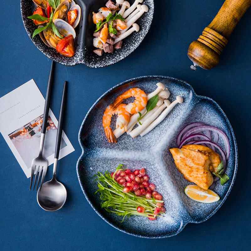 轻断食盘子日式分格餐盘家用菜盘分隔餐具陶瓷分格餐盘4格日式