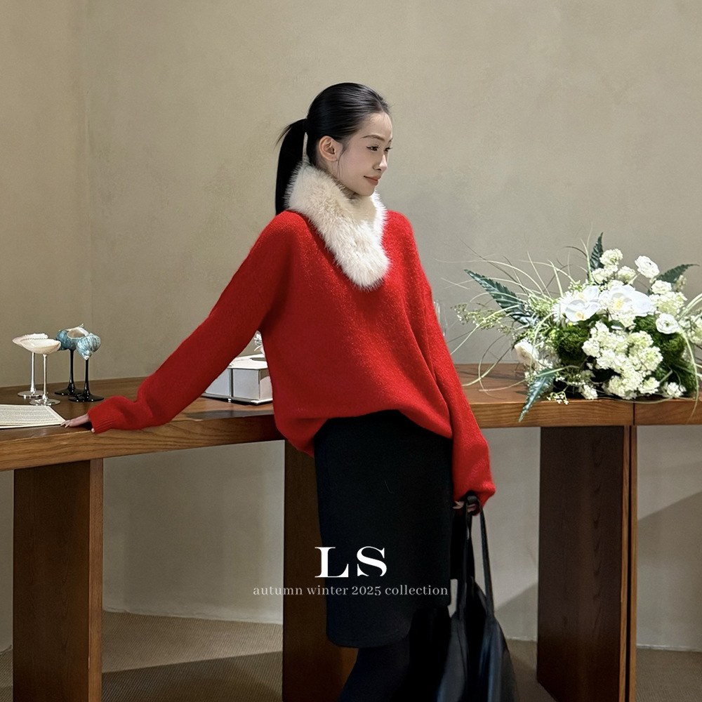 【勺一橘】黑标极简大牌女装25新款极简兔毛时尚宽松毛衣LS3986#