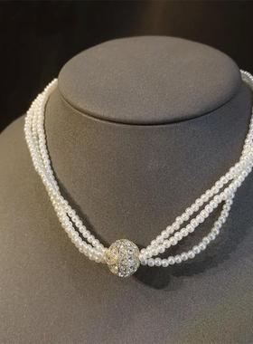 2024年新款潮小众设计感三层珍珠项链女气质个性吸铁石锁骨链颈链