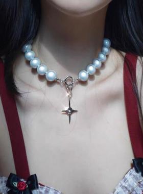 欧美小众设计反光珍珠项链女锁骨链网红个性闪钻十字架串珠颈链潮