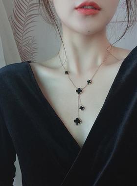 钛钢不掉色金双面四叶幸运草多花项链女气质百搭流苏锁骨链潮