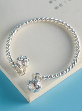 纯银手镯S赠尔只一步一响铃铛手镯麻花精致女小众设计宫铃手镯