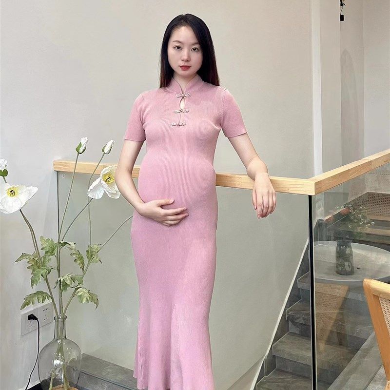 孕妇装春夏季旗袍连衣裙国风复古盘扣修身显瘦短袖冰爽丝鱼尾裙