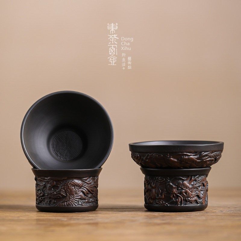 紫陶茶漏架半手工浮雕龙凤t功夫茶具茶渣过滤组茶道配件茶架茶滤