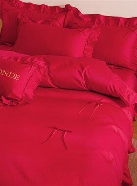 浪漫法式花边婚庆全棉120支长绒棉四I件套被套大红色结婚床品4