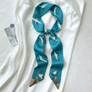 新款千里江山图带长条小丝巾女春秋夏季丝带扎头发窄绑包装饰脖子
