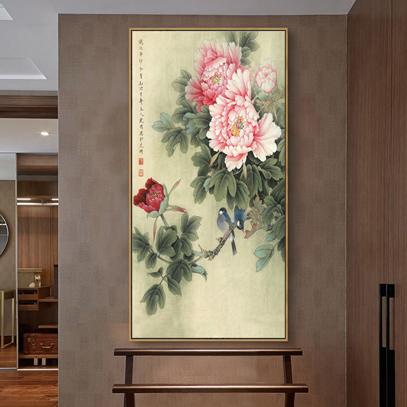 新中式入户牡丹花装饰画牡丹挂画玄关竖版客厅背景墙花开富贵壁画