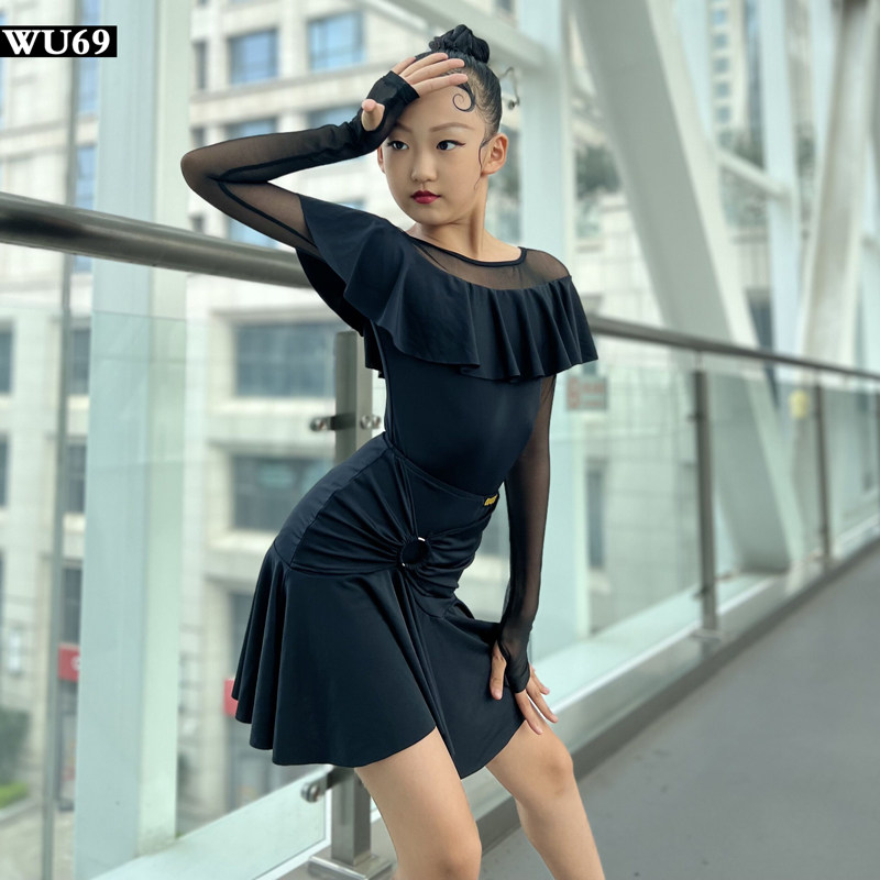 儿童拉丁舞练功服女新款舞蹈训练表演服长袖少儿拉丁舞服装秋