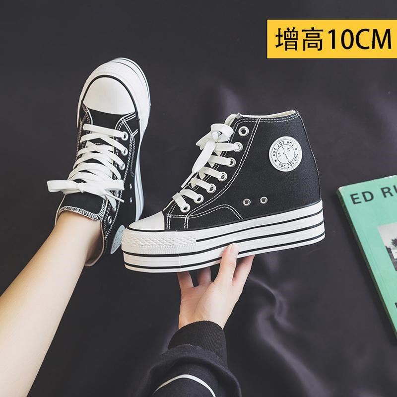 2025隐形内增高10cm帆布x鞋女学生春秋单鞋小白鞋厚底高帮高跟松