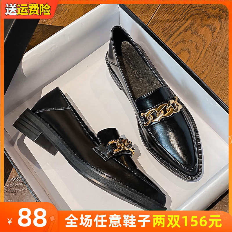 厚底小皮鞋女英伦2024新款尖头乐福鞋中跟工作N单鞋大码女鞋41一4