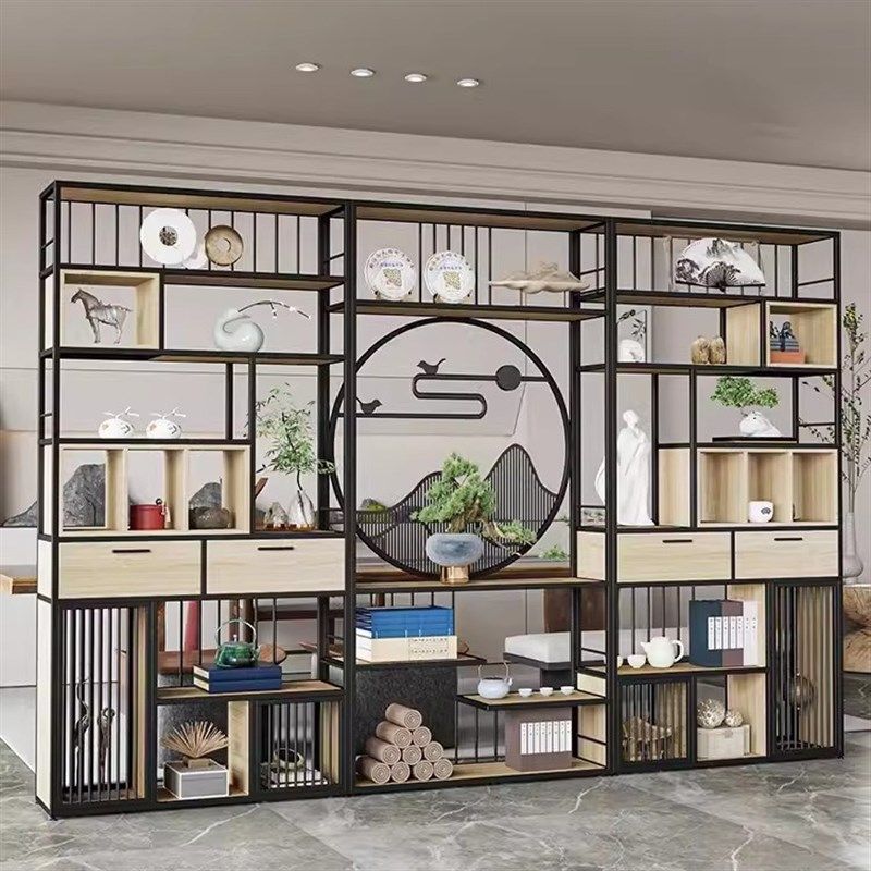 新中式铁艺博古架落地书架展示柜办公室隔段置物架餐厅茶室展示架