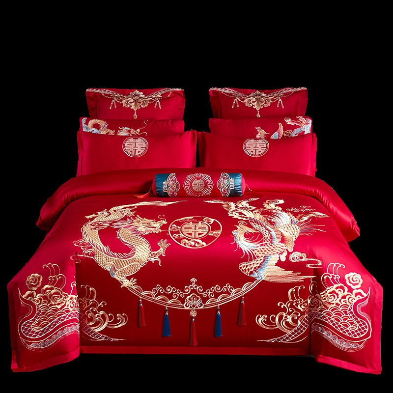 婚庆大红四件套全棉龙凤刺绣新结婚房喜被罩床单床上用品