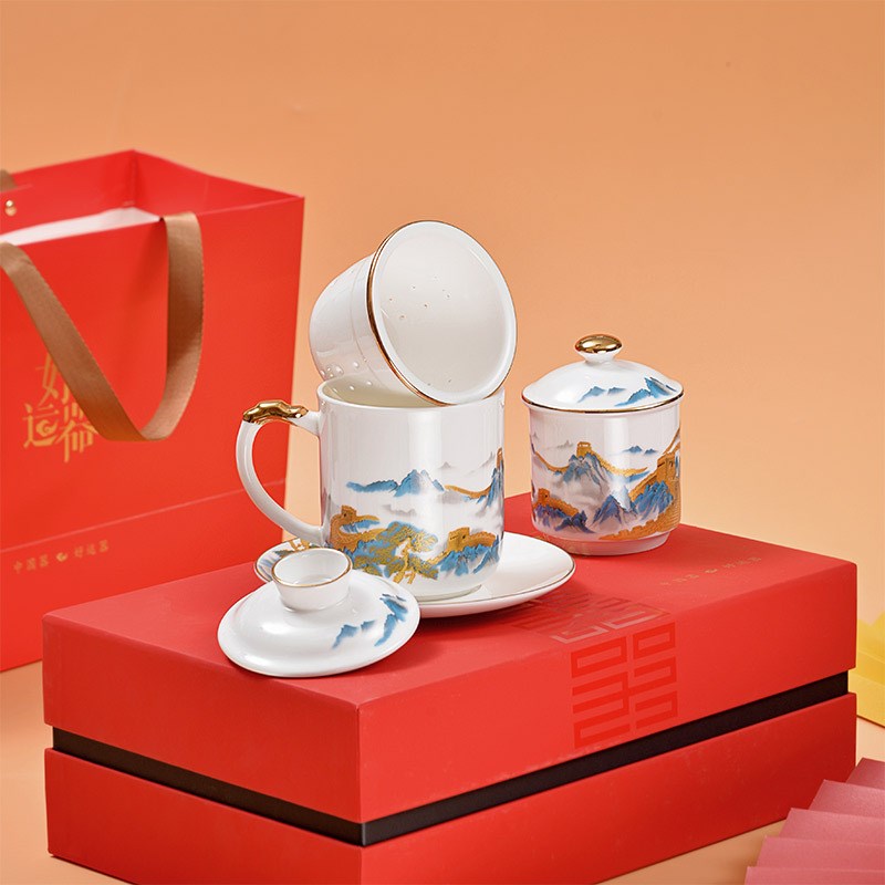 中式陶瓷茶杯带盖茶隔杯办公室泡茶杯带过滤网骨瓷茶水分离杯