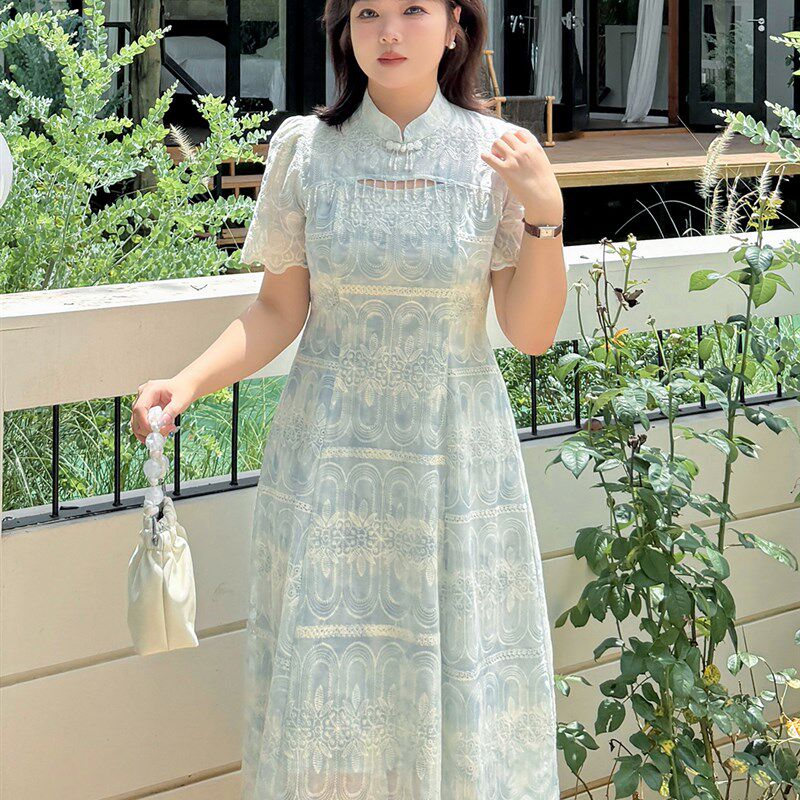 胖mm大码女装新中式旗袍连衣裙2025夏款胖mm收腰显瘦立领蕾丝长裙
