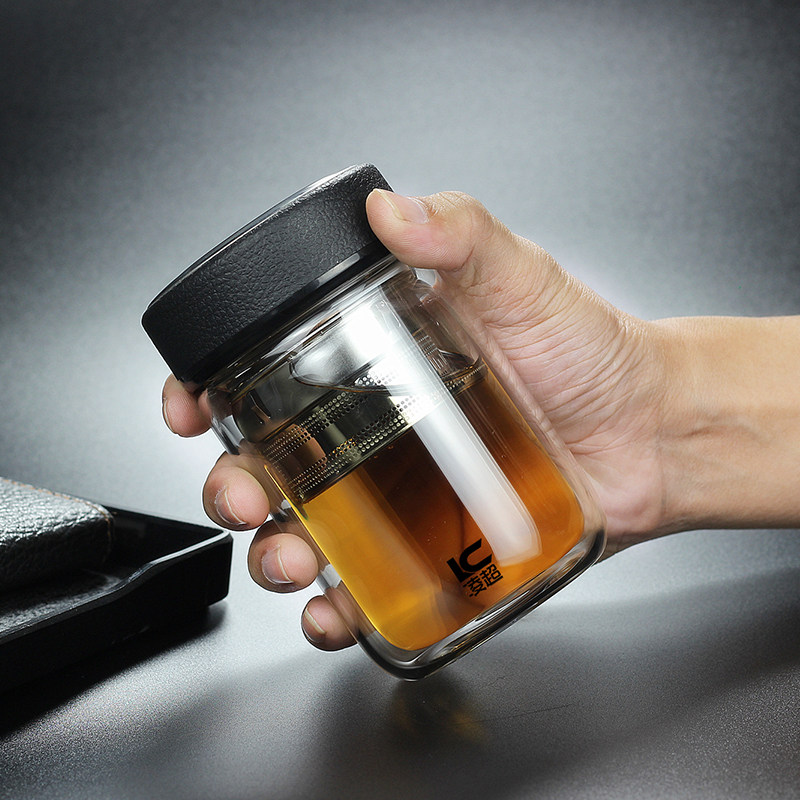 耐热双层玻璃杯办公室o茶杯圆润水杯男女士杯子矮胖泡茶加厚皮纹