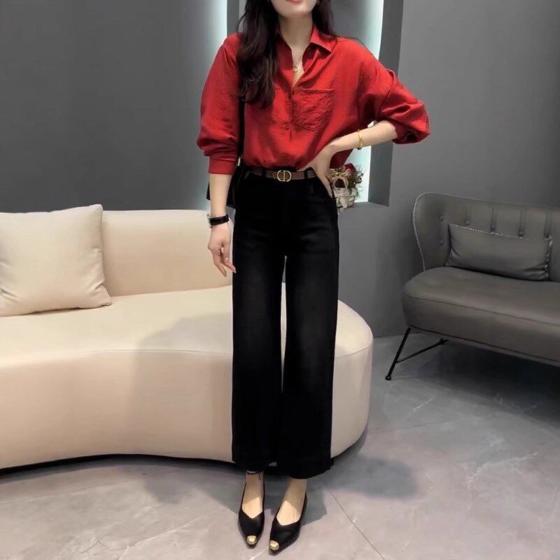 2025春季新款高腰显瘦复古直筒牛仔裤大码百搭遮胯宽松阔腿裤子女