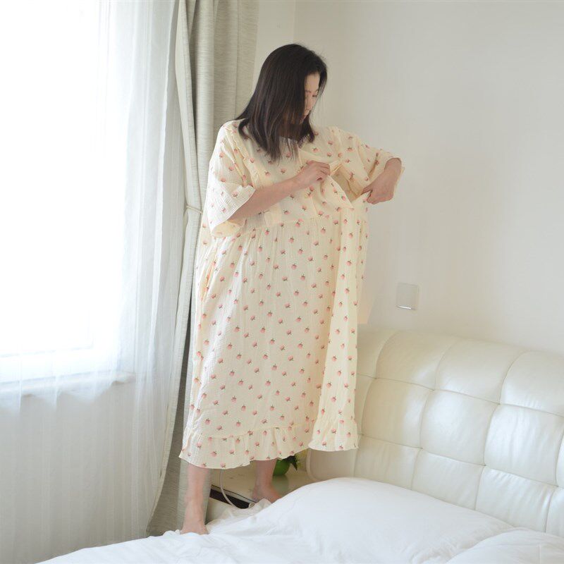 夏季女士加肥加大码短袖长款纯棉纱布哺乳睡裙胖MM宽松喂奶服睡衣