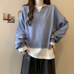 撞色拼接假两件卫衣长袖女韩版宽松薄款春秋装设计感小众学生上衣