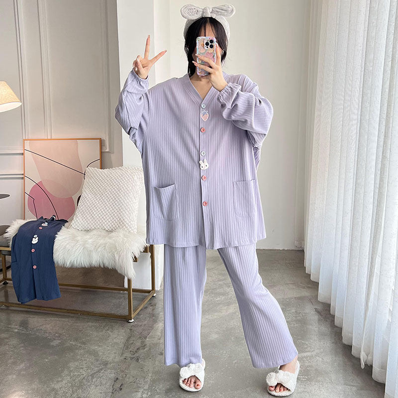 大码睡衣套装女200斤胖妹妹春秋纯棉V领开衫两件套家居服加肥加大