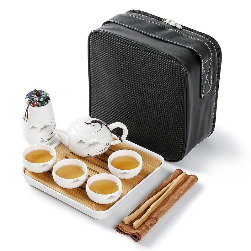 金镶玉羊脂玉白瓷功夫户外旅行茶具套装L便携式茶壶茶杯一壶四杯