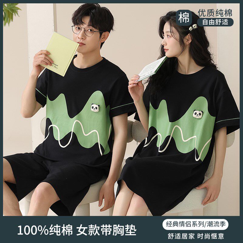 夏季情侣睡裙女带胸垫薄款纯棉可外穿家居服男士短袖大码宽松套装