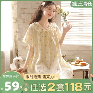 新款睡裙女夏季短袖韩版纯棉纱布大码半袖甜美少女全棉碎花中裙