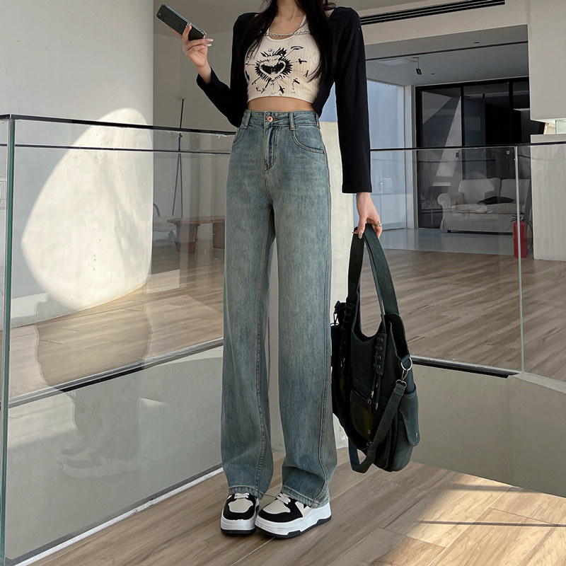 浅色阔腿牛仔裤女春秋2024新款高腰梨形身材直筒宽松显瘦拖地裤子