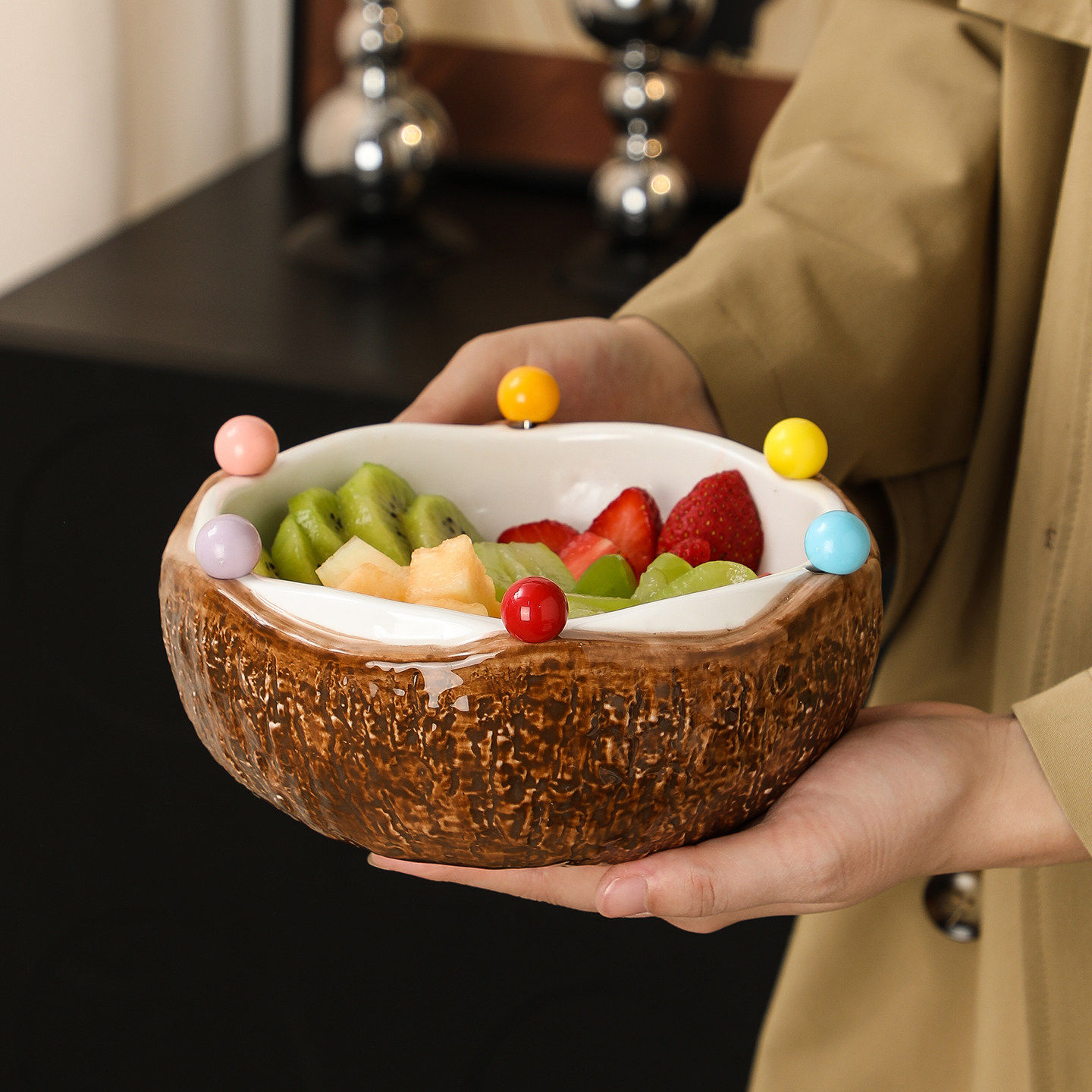 椰子壳果盘椰壳设计客厅甜品零食陶瓷水果盘带不锈钢叉子乔迁送礼,家居饰品,桌面摆件,淘宝优惠券,粉丝福利购,淘宝优惠卷