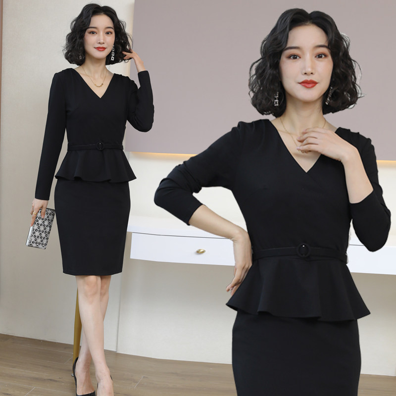 上班服洋a装工作服V领时尚气质假两件连身裙女秋冬职业裙中长版